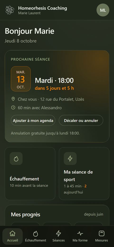 Écran Accueil : la prochaine séance et les progrès