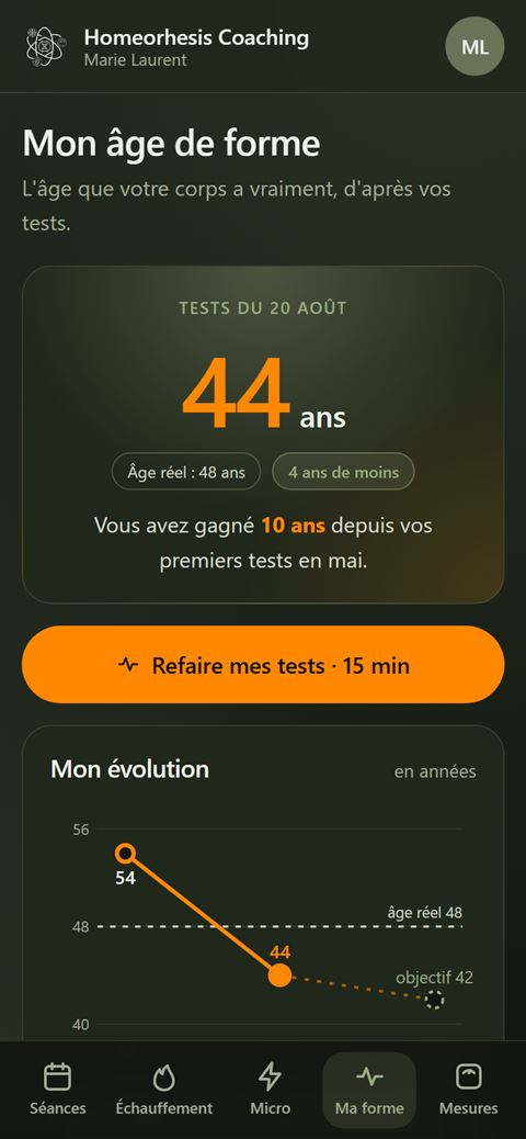 Écran Mon âge de forme : l'évolution des tests