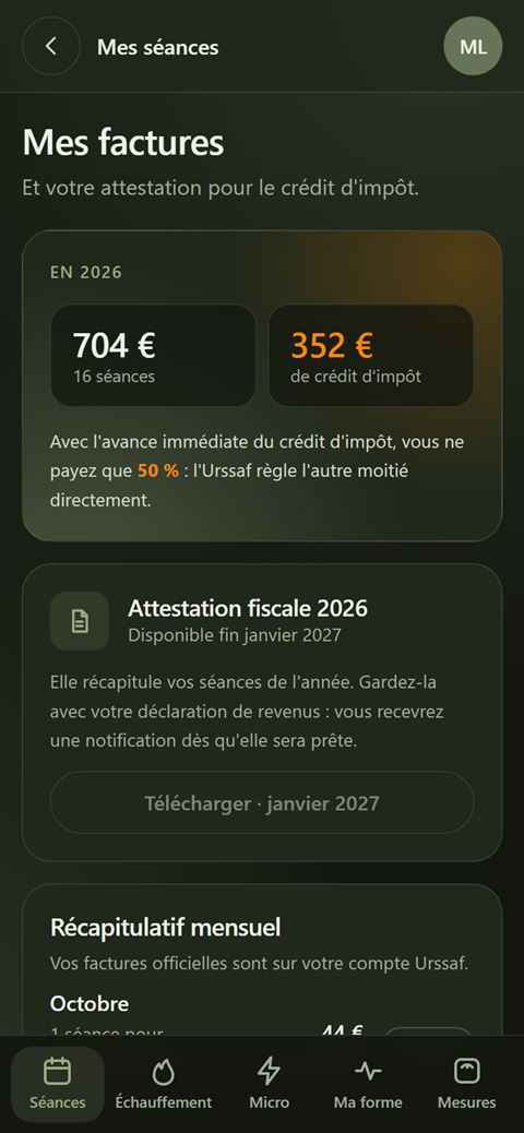 Écran Mes factures : récapitulatif et crédit d'impôt