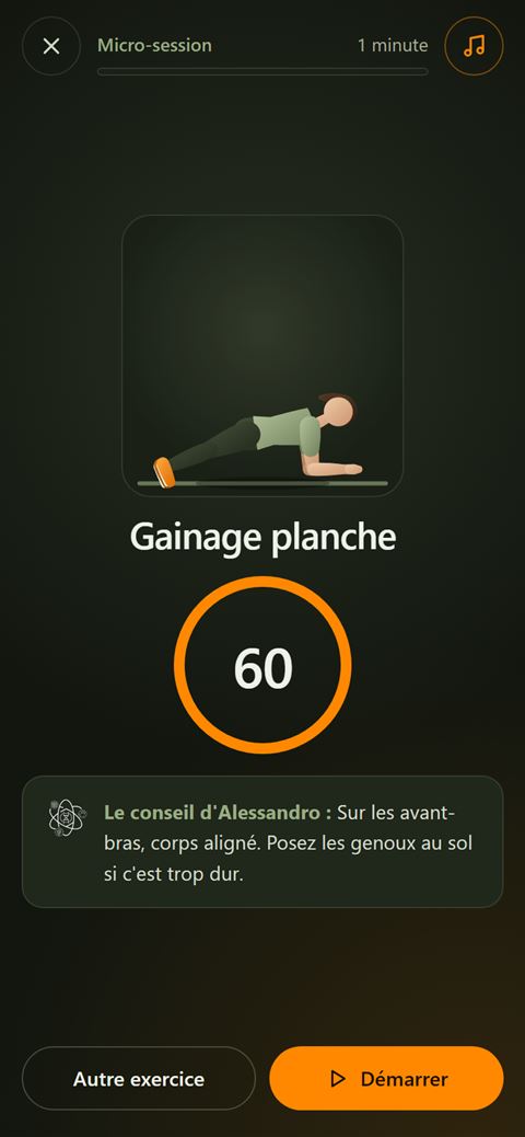 Écran Micro-session : un exercice animé d'une minute