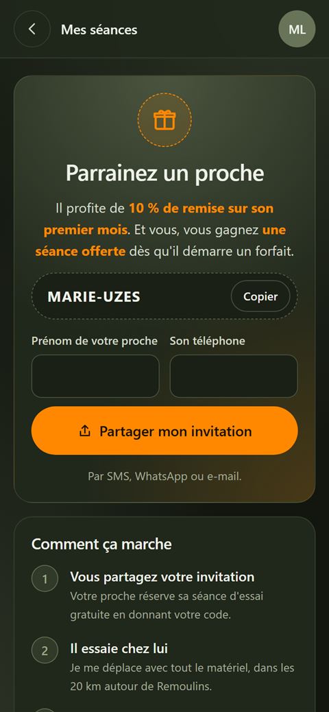Écran Parrainage : inviter un proche