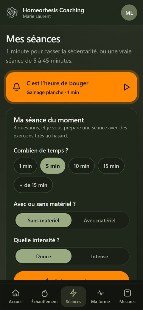 Écran Séances : une séance de 1 à 45 minutes à la carte